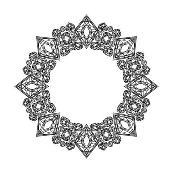 A striking circular geometric pattern composed of intricately faceted diamonds and gemstone outlines isolated vector