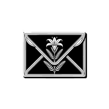 Elegant monochrome illustration of a stylized lily flower and intricate foliage centered within a envelope with embossed silver outlines vector