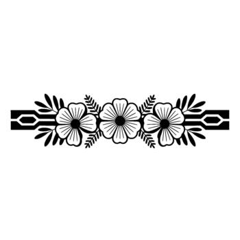 A symmetrical illustration of three delicate open faced flowers with radiating petals and leafy stems separated by abstract geometric border elements vector