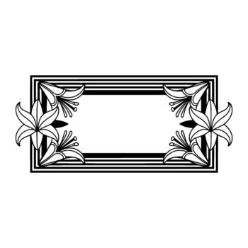 Elegant line art border featuring stylized lily flowers in each corner framing a rectangular space vector