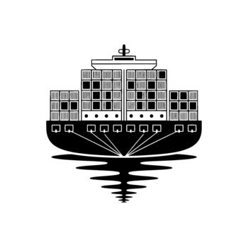 A minimalist illustration of a large container ship at sea with its reflection shimmering vector