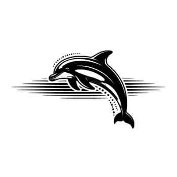 A dynamic illustration featuring a stylized and grey dolphin leaping forward amidst abstract horizontal lines and a trail of dots presented vector