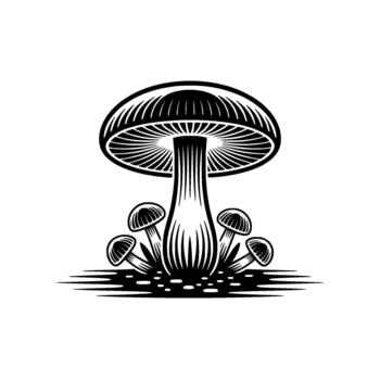 A stylized monochrome illustration featuring a large mushroom with radiating gills and a cluster of smaller mushrooms emerging from a textured ground element vector