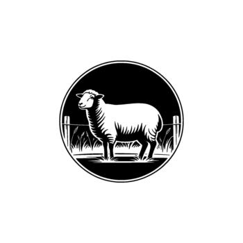 A stylized illustration of a sheep standing in a grassy field behind a fence enclosed within a circular frame evoking a rustic farm or ranch theme vector
