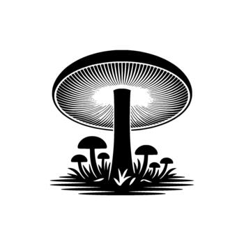 estilizado ilustración de un grande seta con intrincado branquias rodeado por menor hongos y césped elementos creando un visualmente sorprendentes monocromo composición vector