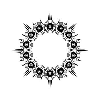 A monochrome geometric circular with intricate spiral patterns and starshaped floral elements forming a symmetrical ornamental frame vector