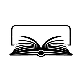 Minimalist illustration of an open book with elegantly fanned pages and a simple rounded rectangle frame above isolated vector