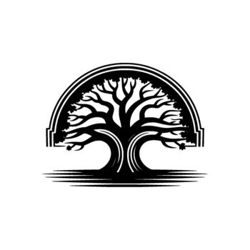 Stylized silhouette of a mature sprawling tree with intricate branches and a thick trunk within a decorative arched frame vector