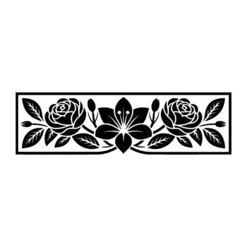 un decorativo silueta de simétrico floral elementos presentando estilizado rosas y un central floreciente flor con brotes dentro un bordeado rectangular marco vector