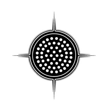 A stylized circular emblem featuring an array of small dots within its core and four pointed linear extensions radiating outwards vector