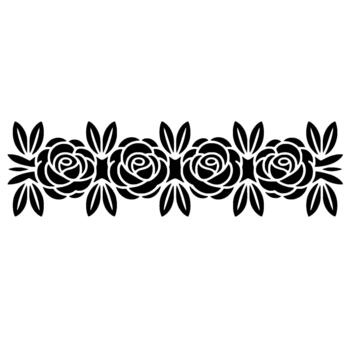 Stylized border featuring a repeating pattern of four detailed rose blooms interspersed with symmetrical leaf clusters vector