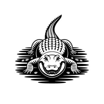 A striking illustration of a grinning alligator with sharp teeth and a segmented tail resting in stylized water with organic leaf elements vector