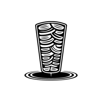 Stylized illustration of a vertical rotating shawarma meat stack with layered meat slices and a minimalist circular base vector