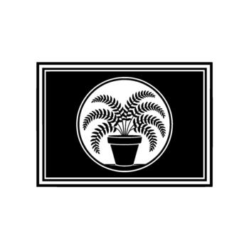 A minimalist illustration of a lush potted fern plant with intricate fronds presented within a circular emblem bordered by a rectangle frame vector