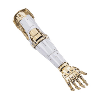 Futuristic robotic arm with gold and white metallic finish advanced artificial limb technology isolated on transparent background innovation sleek design high tech modern mechanical cybernetic png