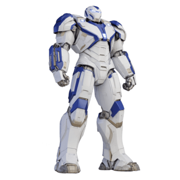 Futuristic white and blue robot suit with armor plating, standing upright, advanced technology, sci fi exoskeleton, powerful and imposing design, isolated on transparent background png