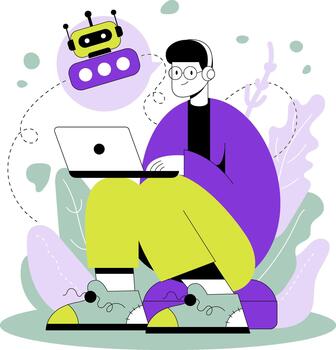 un persona se sienta con un ordenador portátil y un ai asistente, escritura notas en un digital ajuste. el escena muestra vistoso formas y un relajado atmósfera mientras completando tareas. vector