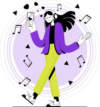 un persona bailes y se mueve alegremente mientras participación un teléfono inteligente el teléfono inteligente muestra un música aplicación música notas rodear el persona, creando un animado escena. vector