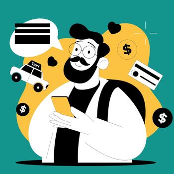 A person holds a transport ticket while looking at a phone. They consider public transport instead of a taxi. Various transport options are shown in the background. vector