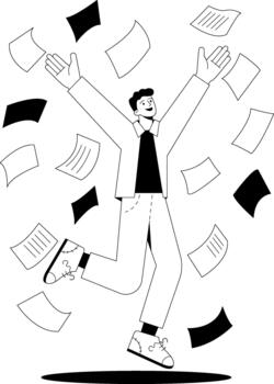 A person is celebrating the end of a project by jumping and throwing papers into the air. This scene shows joy and achievement, with papers scattered around in a cheerful manner. vector