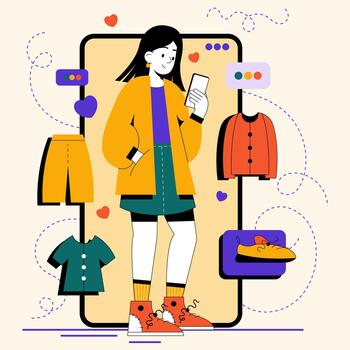 un persona interactúa con un teléfono inteligente a tratar en diferente ropa estilos utilizando ai tecnología. el escena muestra varios trajes desplegado alrededor a ellos. vector