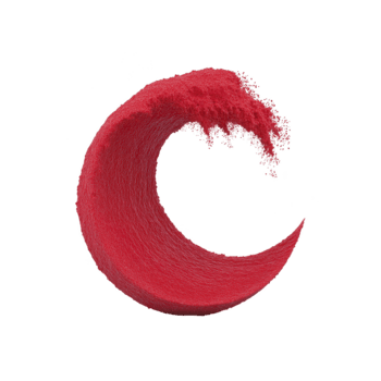 Red powder crescent shape with dynamic splash effect, isolated on transparent background, symbolizing creativity, energy, and artistic movement in modern abstract design png