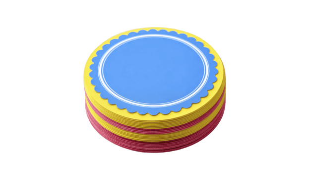 redondo vistoso papel portavasos con guisado al gratén bordes, apilado en alterno amarillo, azul, y rosado capas, aislado en transparencia fondo, alegre y juguetón diseño png
