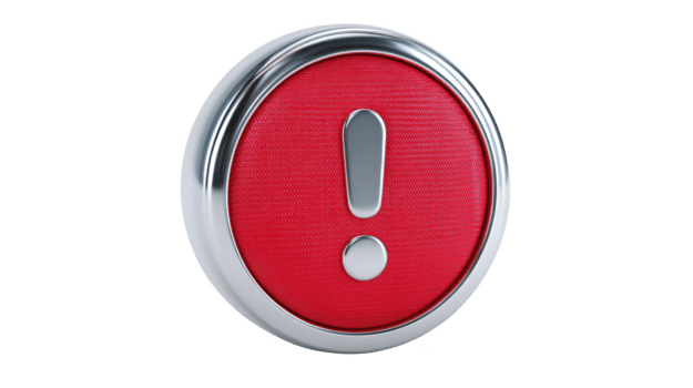 röd varning knapp med metallisk ram, terar djärv utrop mark symbol, isolerat på transparent bakgrund, Begagnade för varna, varning, eller nödsituation underrättelse i användare gränssnitt design png