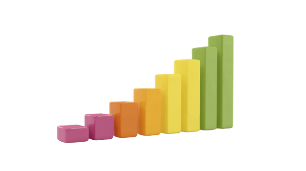 Colorful 3D bar chart with ascending rectangular columns in pink orange yellow and green representing growth progress or data analysis in modern minimal style png