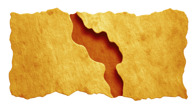 Torn yellow paper with rough edges and jagged rip in center, revealing shadowed layer beneath, isolated on transparent background, creative and textured design element png