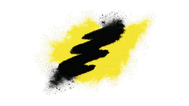 Gelb und schwarz abstrakt Pulver Explosion mit energisch dynamisch Zickzack- Muster, beschwingt Farbe Kontrast, und verstreut texturiert Partikel auf transparent Hintergrund png