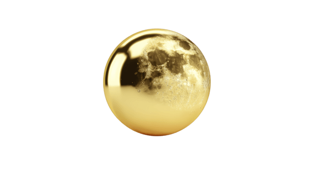d'oro Luna sfera, brillante metallico globo con lunare superficie struttura, isolato su trasparenza sfondo, surreale celeste oggetto, futuristico e elegante, evoca Meraviglia e curiosità png