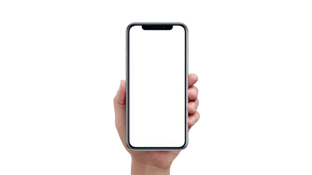 mano Tenere smartphone con vuoto bianca schermo, isolato su trasparente sfondo, moderno mobile dispositivo, tecnologia concetto, copia spazio per App o sito web, minimo disegno, digitale comunicazione png
