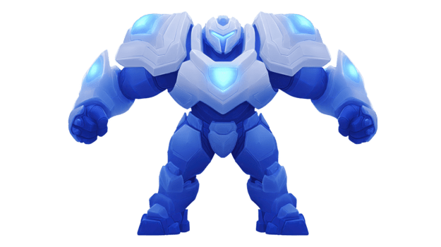 Futuristic blue robot with glowing armor, strong muscular build, and advanced technology design, standing confidently with illuminated chest and shoulders, exuding power and protection png