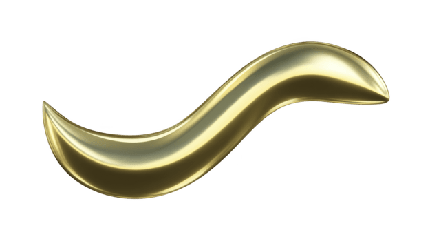 Golden metallic curved shape, abstract 3D object with smooth reflective surface, isolated on transparent background, modern design element for decoration or digital art png