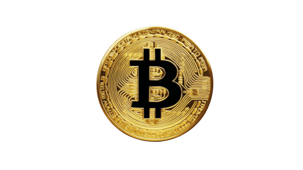 dorado bitcoin moneda con digital circuito patrón, grande negro bitcoin símbolo en centro, criptomoneda concepto, financiero tecnología, moderno inversión, aislado en transparencia antecedentes png