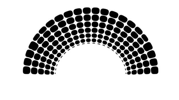 Semi circle seating chart with black rounded square seats arranged in five curved rows, isolated on transparent background, ideal for event planning, auditorium, or conference layout design png