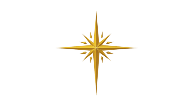 Golden compass rose star with sharp points metallic shine and symmetrical design symbolizing navigation direction and guidance suitable for logos icons or decorative elements png