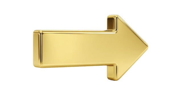 d'oro giusto freccia, 3d metallico simbolo, isolato su trasparente sfondo, brillante e riflessivo, moderno disegno, navigazione o direzione concetto, elegante e occhio attraente stile png