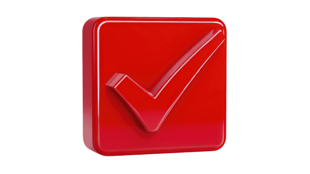 Red check mark icon 3D square button glossy finish isolated on transparent background symbolizing approval confirmation or success modern and vibrant design positive emotion png