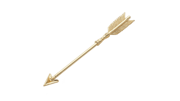 d'oro freccia isolato su trasparente sfondo, metallico decorativo oggetto con dettagliato piuma e appuntito mancia, simboleggiante direzione, guida, e risultato, elegante e brillante png