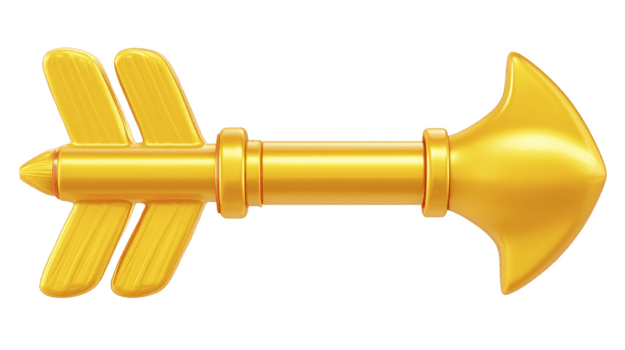Golden arrow with three fins and pointed tip, isolated on transparent background, symbolizing success, achievement, and direction, rendered in shiny metallic style png