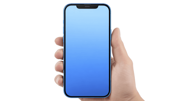 Hand holding modern smartphone with blank blue gradient screen, isolated on transparency background, technology concept, digital device, mobile communication, clean display, mockup for app design png