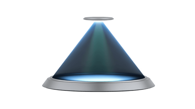 futuristisch Blau Hologramm Anzeige mit glühend Licht Strahl, metallisch kreisförmig Base, und transparent Projektion, isoliert auf transparent Hintergrund, perfekt zum Technologie oder sci fi Konzepte png