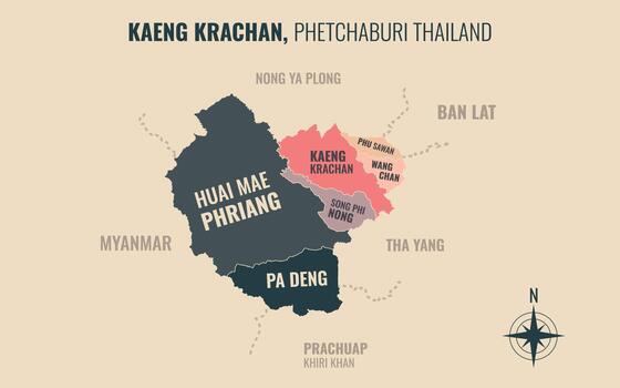 Map showing Kaeng Krachan District Phetchaburi Thailand divided into sub-districts with minimalist colorful patterns vector