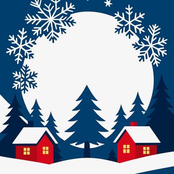 Snowflake Forest Frame with Red Winter Cabins and Tall Pine Trees vector