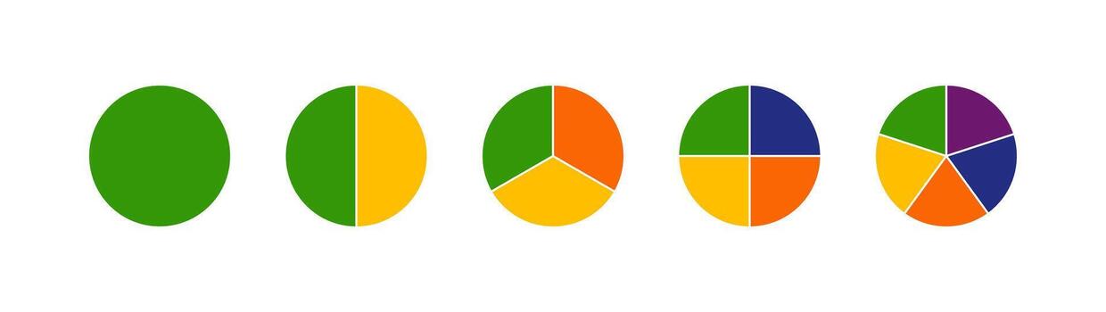 Multicoloured diagrams infographic. Circle section graph. Wheels divided in sections. Multicolored pizza charts, pies segmented on from 1 to 5 equal parts. Loading bar mockup. Pie, pizza chart layout vector