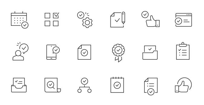 Check mark, quality control line icon. Approve sign, business quarantee mark outline editable stroke icon. Document confirm vector