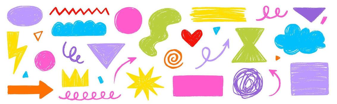 Crayon doodle color scribble line brush shape. Brush crayon pencil paint stroke texture doodle shape. hand drawn frame background set of abstract design graphic figure. vector