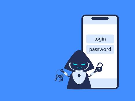 Cybersecurity background with copy space for text. AI robot with stolen passwords for presentations, websites, social media vector